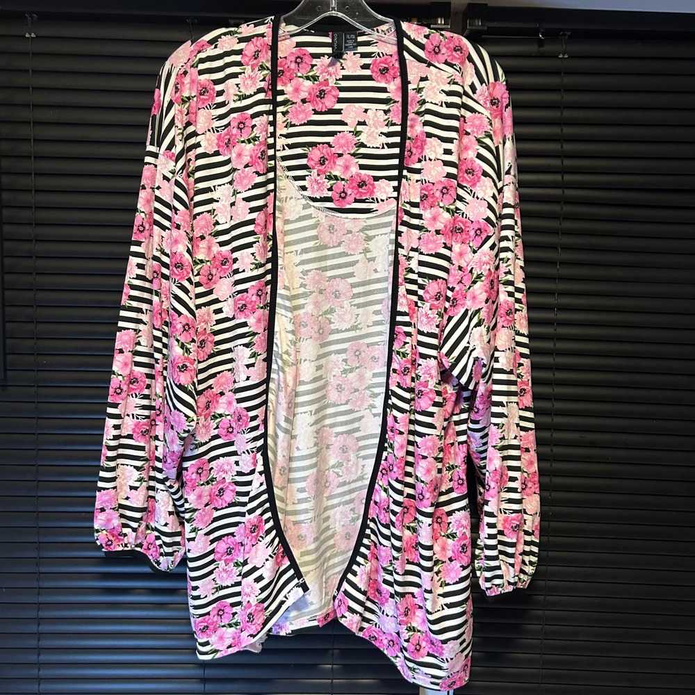 Cynthia Rowley Kimono Cardigan Womens XL Pink Floral Striped Open Front 9644R